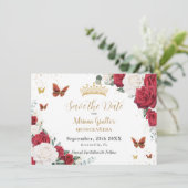 Red White Roses Floral Gold Quinceñera Sweet 16 Save The Date (Stehend Vorderseite)