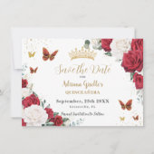 Red White Roses Floral Gold Quinceñera Sweet 16 Save The Date (Vorderseite)