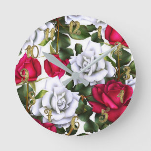 Red & White Roses Shabby Chic Rustic Modern Glam Runde Wanduhr