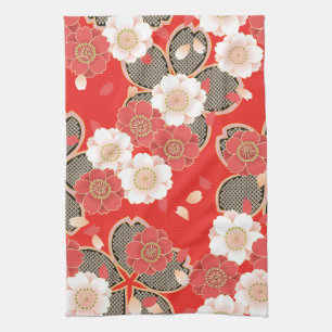Red & White Sakura Japanischer Kimono Handtuch