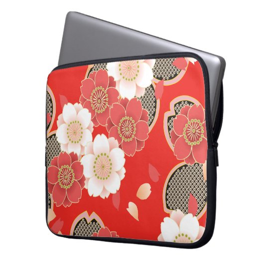 Red & White Sakura Japanischer Kimono Laptopschutzhülle (Vorderseite Links)