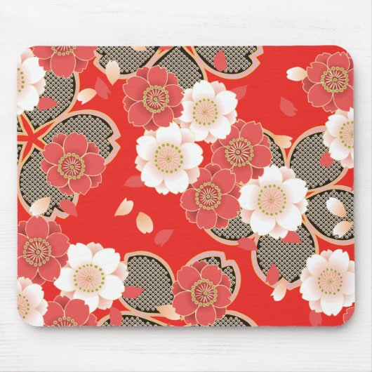 Red & White Sakura Japanischer Kimono Mousepad (Vorne)