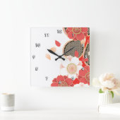 Red & White Sakura Japanischer Kimono Quadratische Wanduhr (Zuhause)