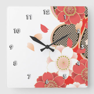 Red & White Sakura Japanischer Kimono Quadratische Wanduhr