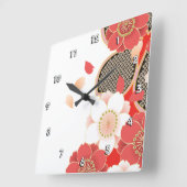 Red & White Sakura Japanischer Kimono Quadratische Wanduhr (Winkel)