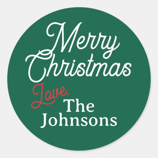 Red White Script Individuelle Name Frohe Weihnacht Runder Aufkleber (Vorderseite)