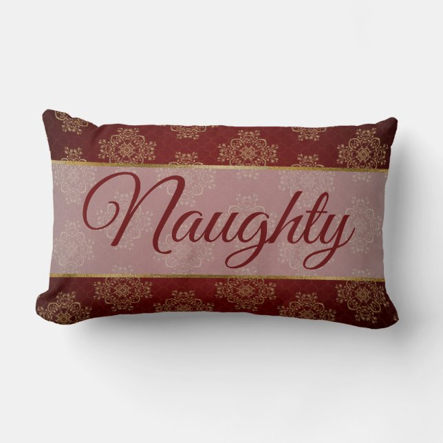 Red White Script Letters Naughty oder Nice Lendenkissen (Vorderseite)