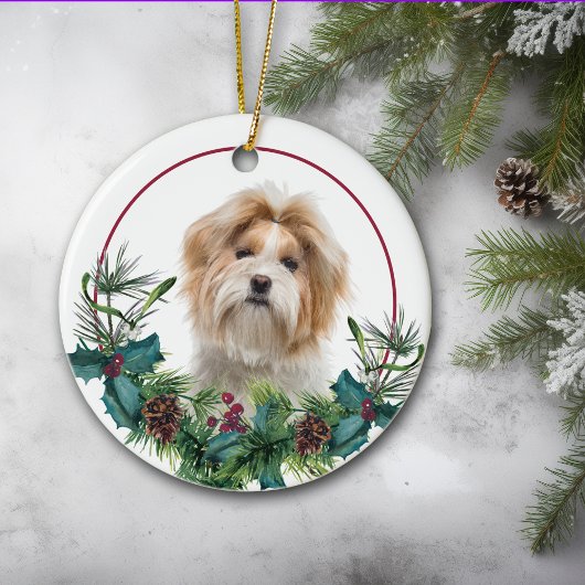 Red White Shih Tzu Dog Evergreen Wreath Keramik Ornament
