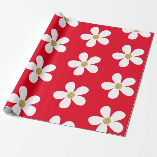 Red White Simple Daisy Gold Geschenkpapier (Ungerollt)