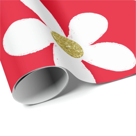 Red White Simple Daisy Gold Geschenkpapier (Rolleneckpunkt)
