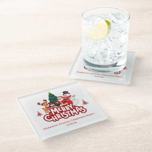 Red & White Simple Frohe Weihnachten Glasuntersetzer (Schrägansicht)