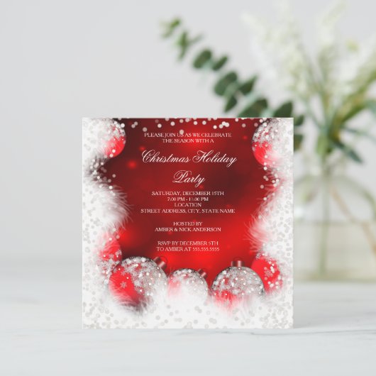 Red White Snow Bauble Weihnachtsfeier Einladung (Stehend Vorderseite)