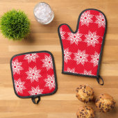 Red White Snowflake Muster Ofenhandschuh & Topflappen-Set (Oben Unten)
