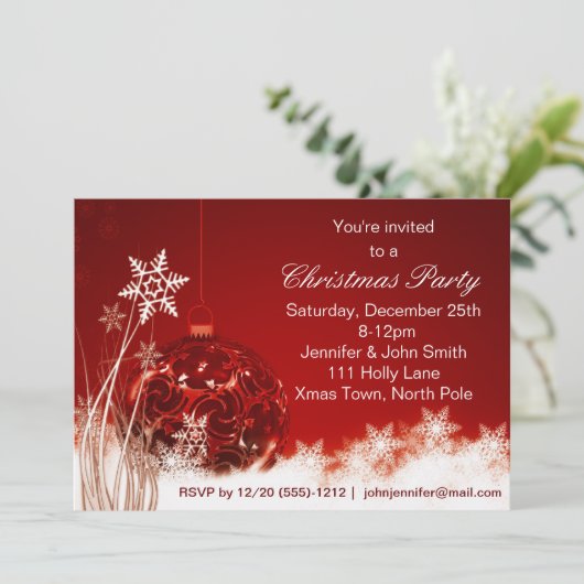 Red & White Snowflake Ornament Weihnachten Party Einladung (Stehend Vorderseite)