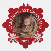 Red White Snowflakes Baby's 1. Weihnachten Ornament Karte (Rückseite)