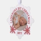 Red White Snowflakes Baby's 1. Weihnachten Ornament Karte (Linke Ecke)
