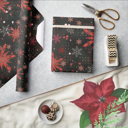 Red White Snowflakes Black Wrapping Paper Geschenkpapier