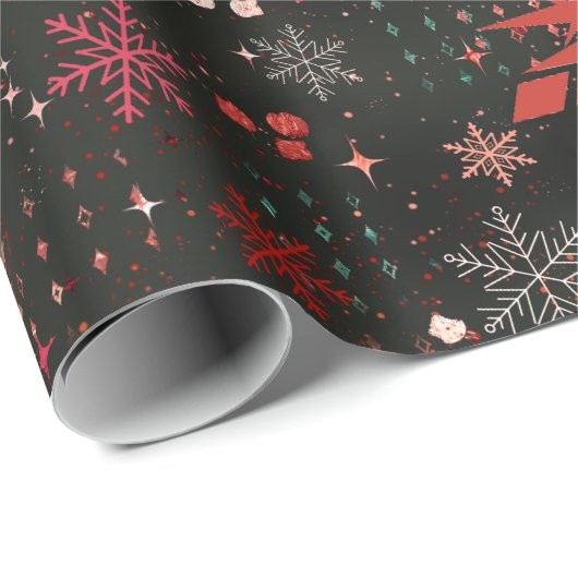Red White Snowflakes Black Wrapping Paper Geschenkpapier (Rolleneckpunkt)