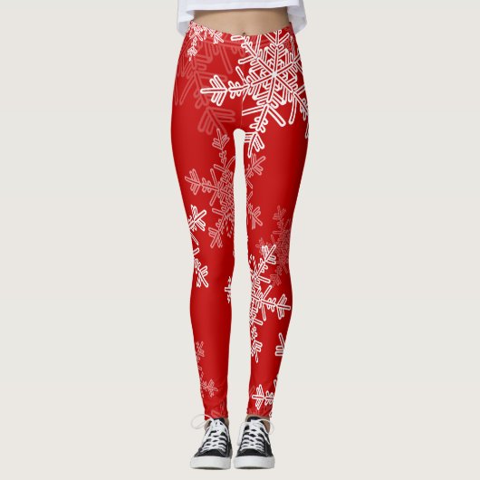 Red White Snowflakes Minimalistisch Weihnachten Leggings (Vorderseite)