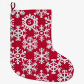 Red White Snowflakes Monogram Christmas Strumpf Großer Weihnachtsstrumpf (Vorderseite)