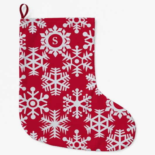 Red White Snowflakes Monogram Christmas Strumpf Großer Weihnachtsstrumpf (Vorderseite)