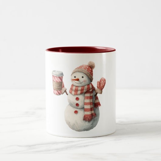 Red White Snowman Christmas Zweifarbige Tasse (Mittel)