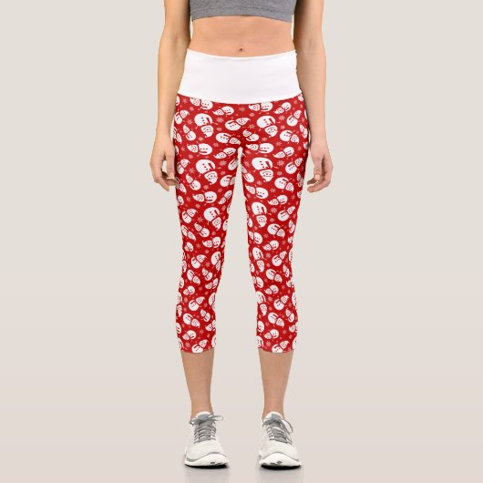 Red & White Snowman mit Snowflake-Muster Capri Leggings (Vorderseite)