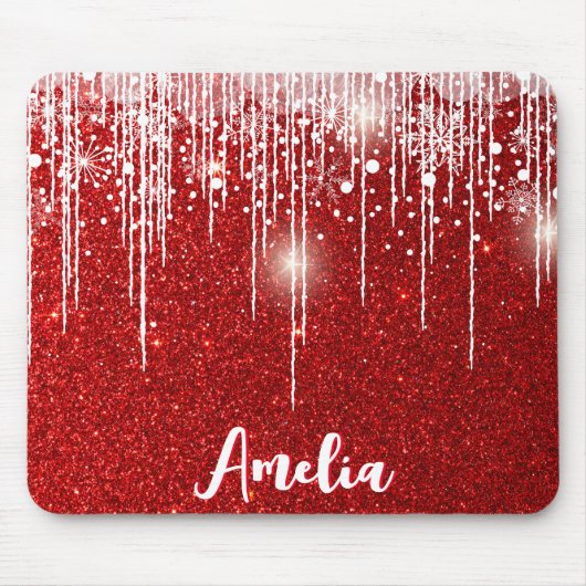 Red White Snowy Snowflake Ihr Name Mousepad (Vorne)