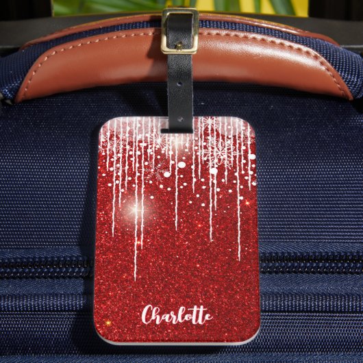 Red White Snowy Snowflake Ihren Namen hinzufügen Gepäckanhänger (Vorderseite Insitu 2)