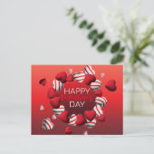 Red White Striped 3D Herzen Happy Valentinstag Postkarte (Stehend Vorderseite)