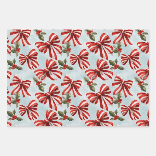 Red White Striped Bows Christmas Holly Geschenkpapier Set (Vorderseite)