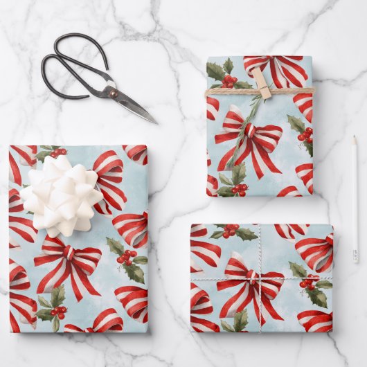 Red White Striped Bows Christmas Holly Geschenkpapier Set (Vorderseite)