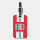 Red & white striped Shadow Monogram retro travel Gepäckanhänger (Vorderseite vertikal)