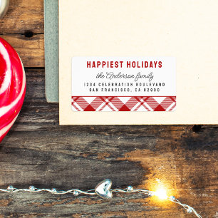 Red & White Tartan Karierte Weihnachtsfeier Rückse Adressaufkleber