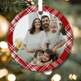 Red White Tartan Plaid Family Photo Ornament Aus Metall