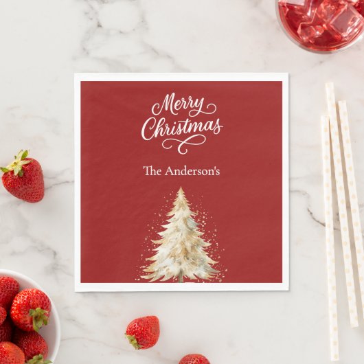 Red white tree snow script Christmas luncheon Serviette (Beispiel)