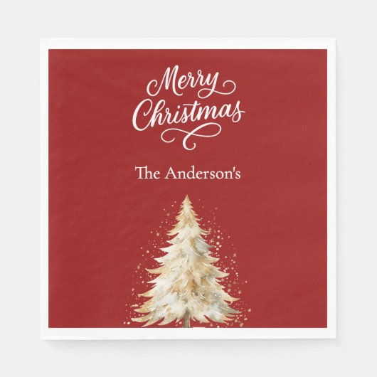 Red white tree snow script Christmas luncheon Serviette (Vorderseite)