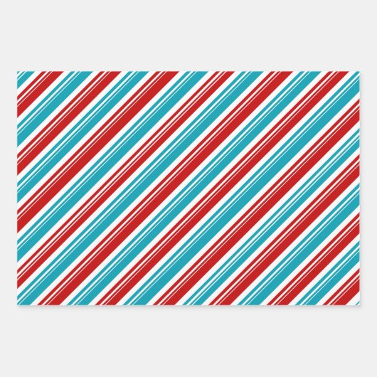 Red White Türkise Blue Candy Cane Strip Holiday Geschenkpapier Set (Vorderseite)
