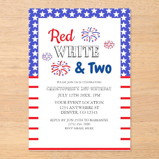 Red White & Two 2. Geburtstag Acryleinladungen (Vorderseite)