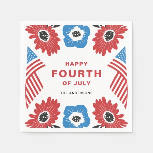 Red White und Blue Florals Happy Amerikanische Una Serviette (Vorderseite)