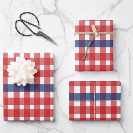 Red White und Blue Gingham Kariert Geschenkpapier Set (Vorderseite)