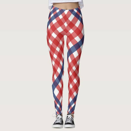 Red White und Blue Gingham Kariert Leggings (Vorderseite)