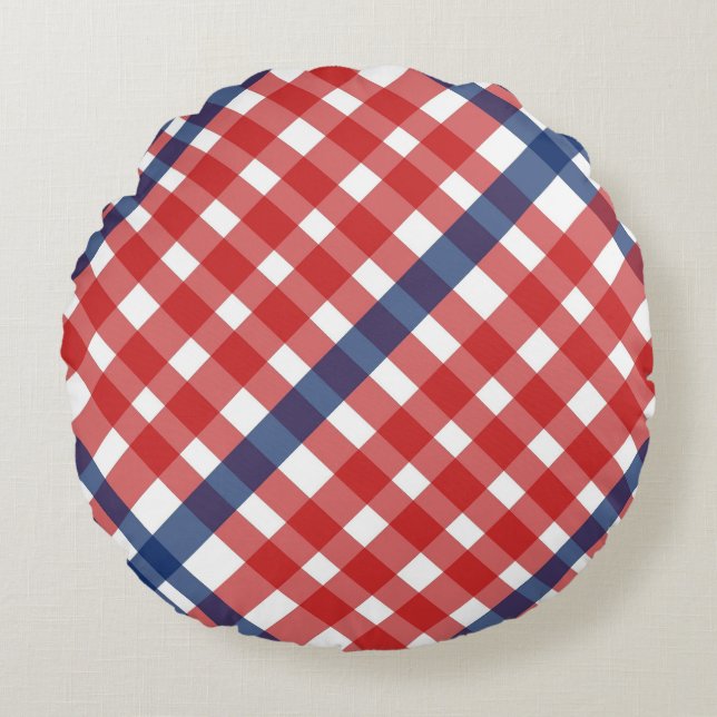 Red White und Blue Gingham Kariert Rundes Kissen (Vorderseite)