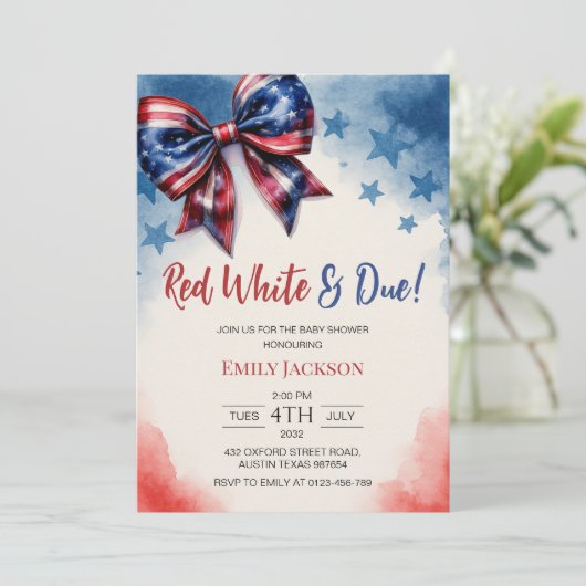 Red White und Due 4. Juli Bow Baby Dusche Einladung (Stehend Vorderseite)