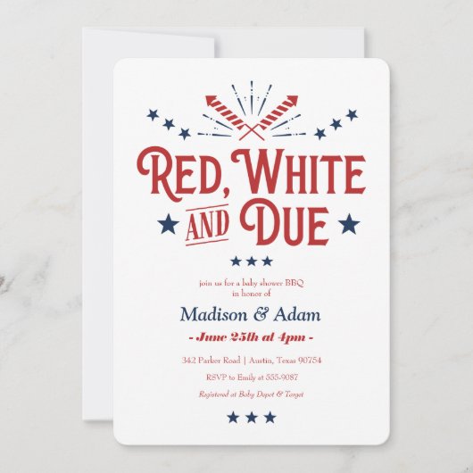 Red, White und Due Patriotic Baby Dusche Einladung (Vorderseite)
