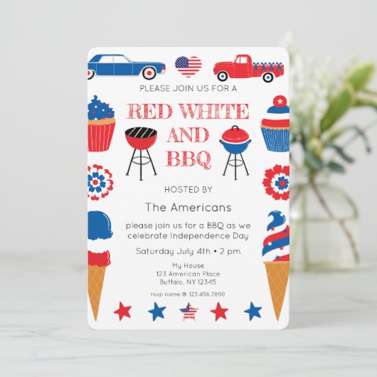 Red White und GRILLEN 4. Juli Einladung (Stehend Vorderseite)