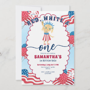 Red White und One Patriotic Niedlich Girl 1. Gebur Einladung