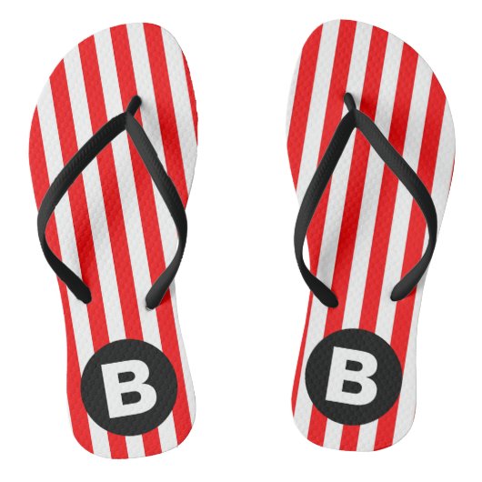 Red White Vertical Stripes Black Monogram Badesandalen (Fußbett)