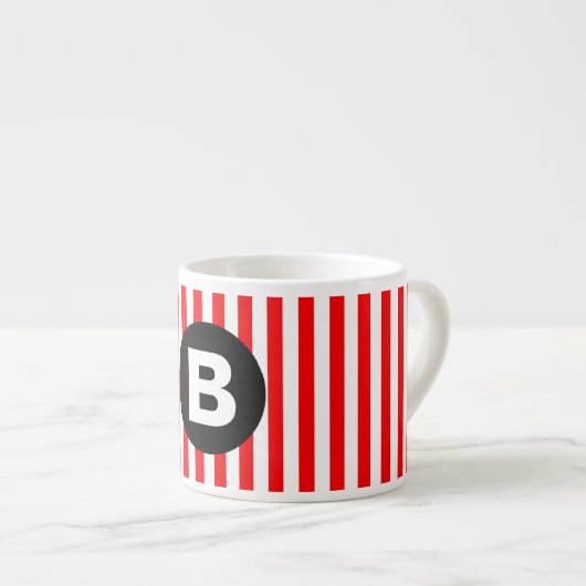 Red White Vertical Stripes Black Monogram Espressotasse (Vorderseite Rechts)