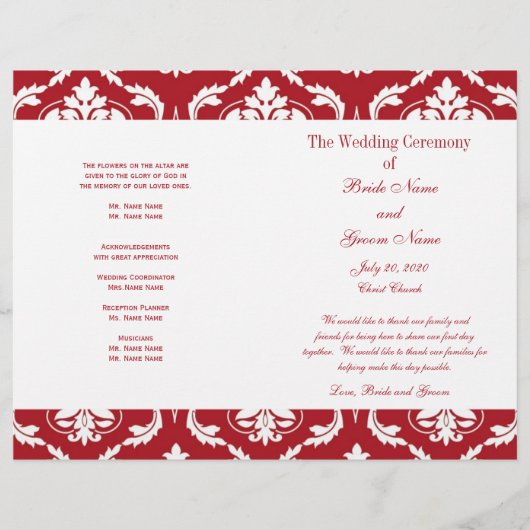 Red White Vintag Damask Hochzeitsprogramm (Vorderseite)